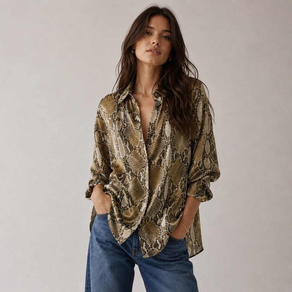 Zara Snakeskin Print Lightweight Oversized Button Up Blouse M/L